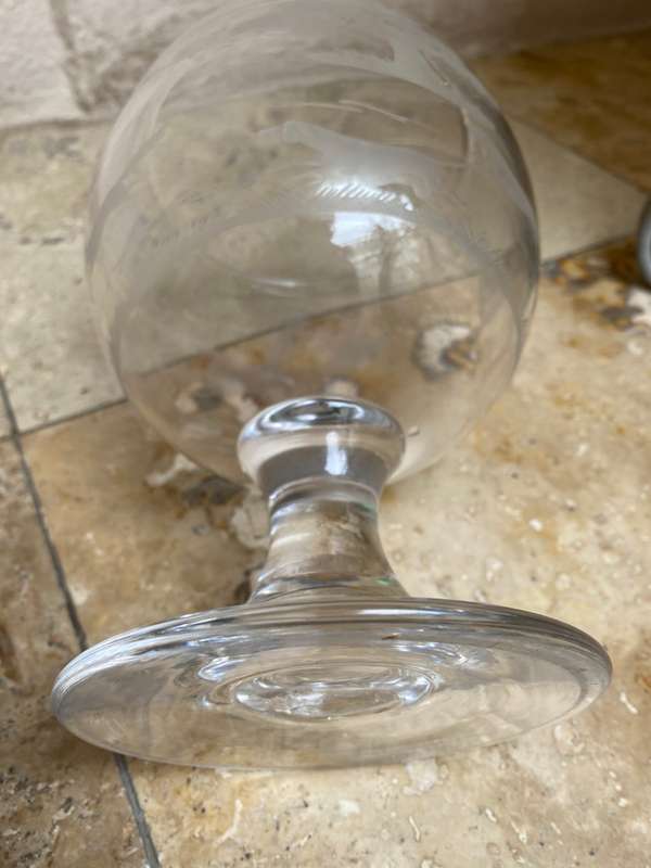 Antique large etched glass goblet horse dogs fox hunting trophy vase