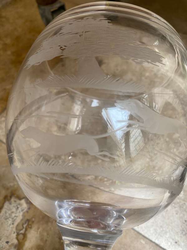 Antique large etched glass goblet horse dogs fox hunting trophy vase