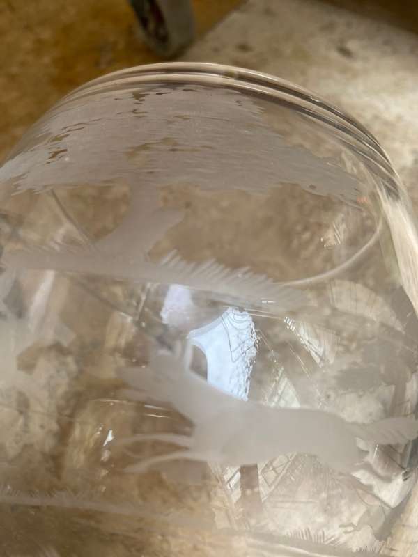 Antique large etched glass goblet horse dogs fox hunting trophy vase