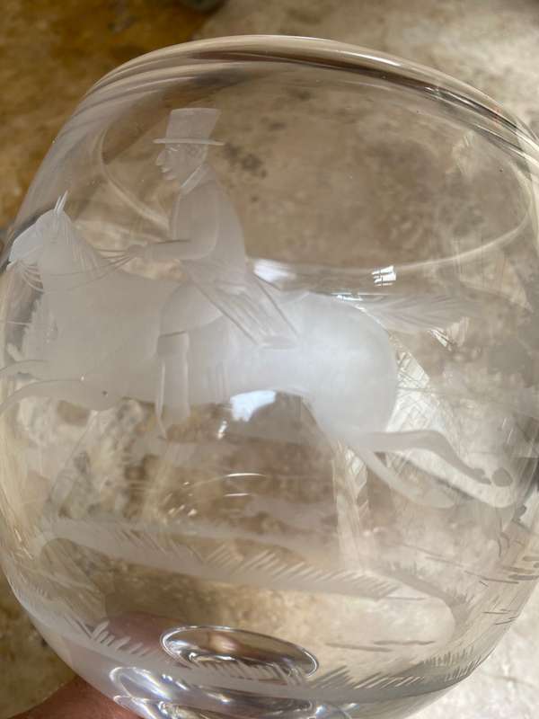 Antique large etched glass goblet horse dogs fox hunting trophy vase