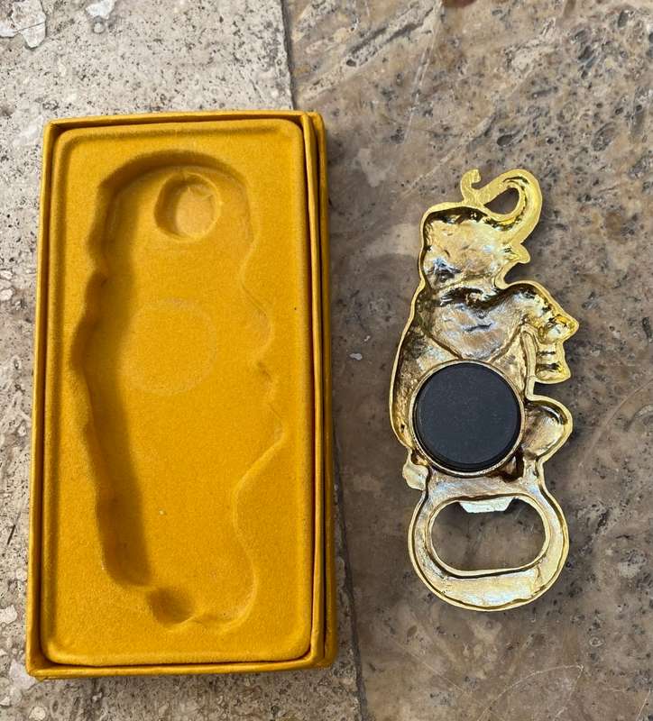 Vintage trunk up elephant wood figure & magnet bottle opener Thailand pair