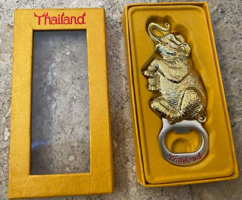 Vintage trunk up elephant wood figure & magnet bottle opener Thailand pair