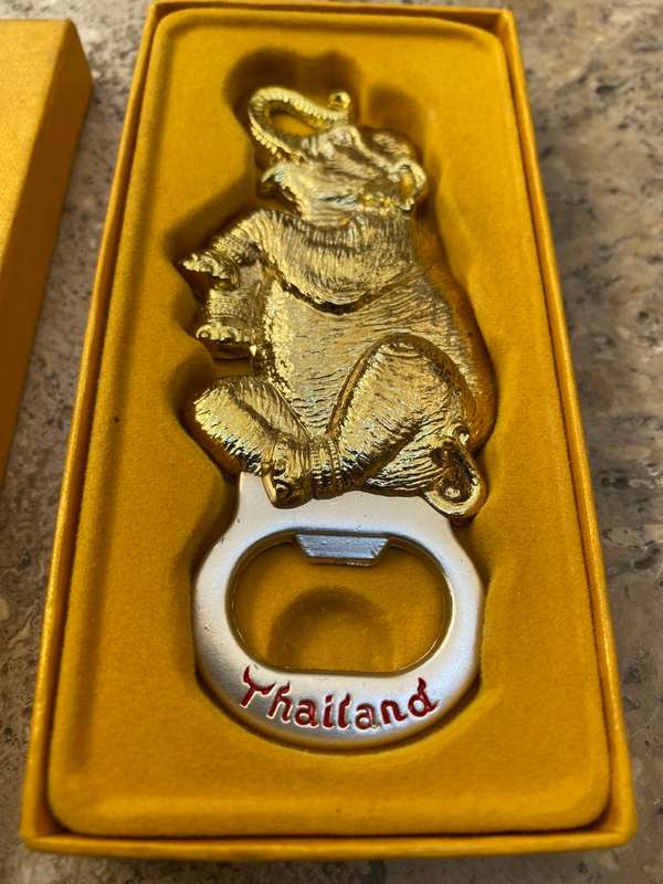 Vintage trunk up elephant wood figure & magnet bottle opener Thailand pair