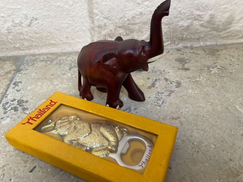 Vintage trunk up elephant wood figure & magnet bottle opener Thailand pair