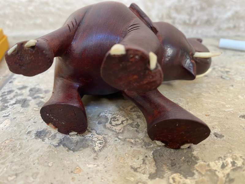 Vintage trunk up elephant wood figure & magnet bottle opener Thailand pair
