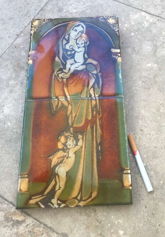 Vintage hand painted tile tiles Virgin mother Mary mural double tile glazed