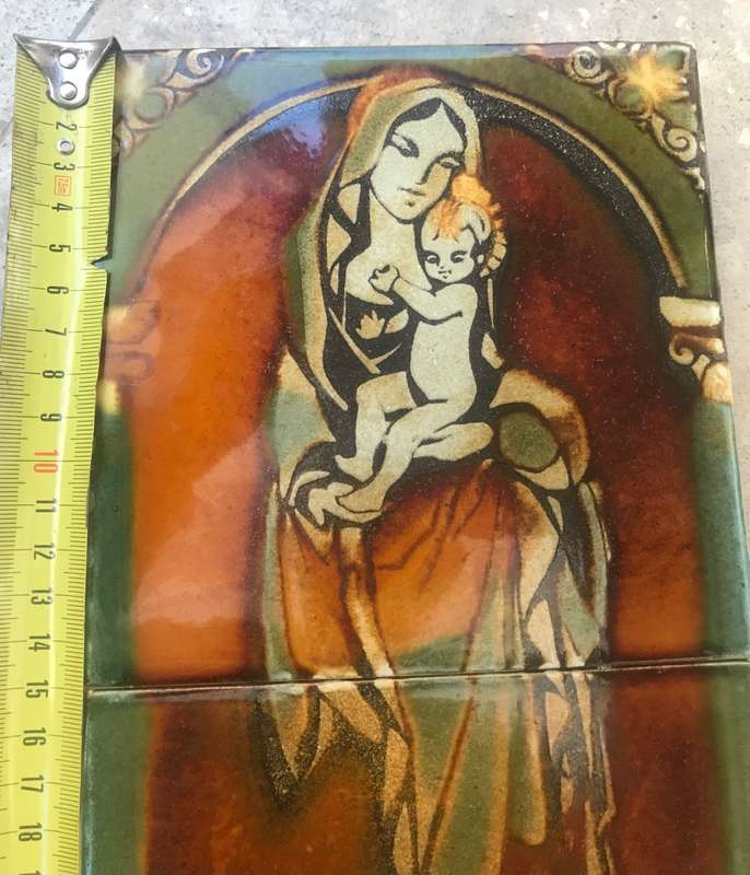 Vintage hand painted tile tiles Virgin mother Mary mural double tile glazed
