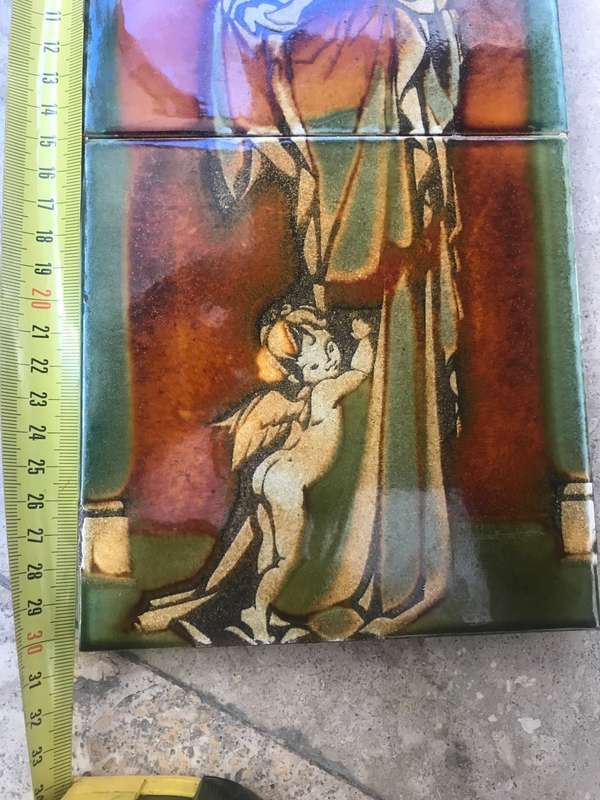 Vintage hand painted tile tiles Virgin mother Mary mural double tile glazed