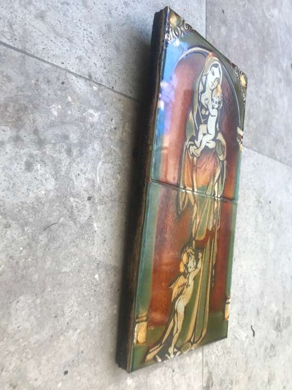 Vintage hand painted tile tiles Virgin mother Mary mural double tile glazed