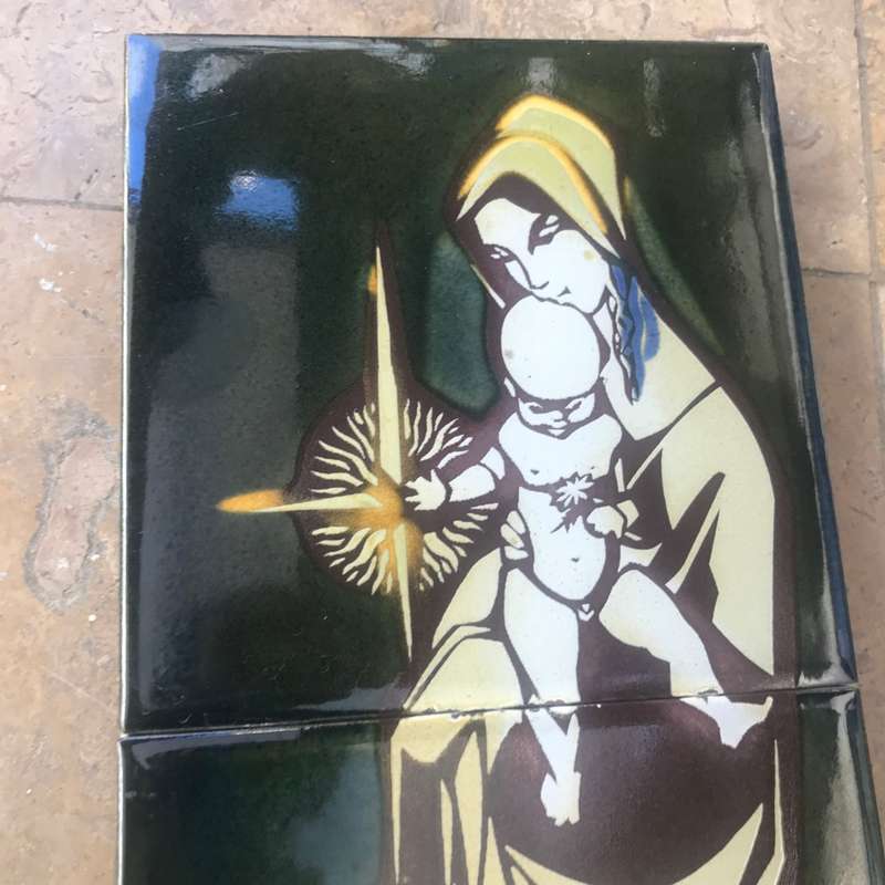 Vintage hand painted tile tiles Virgin mother Mary mural three  tile glazed