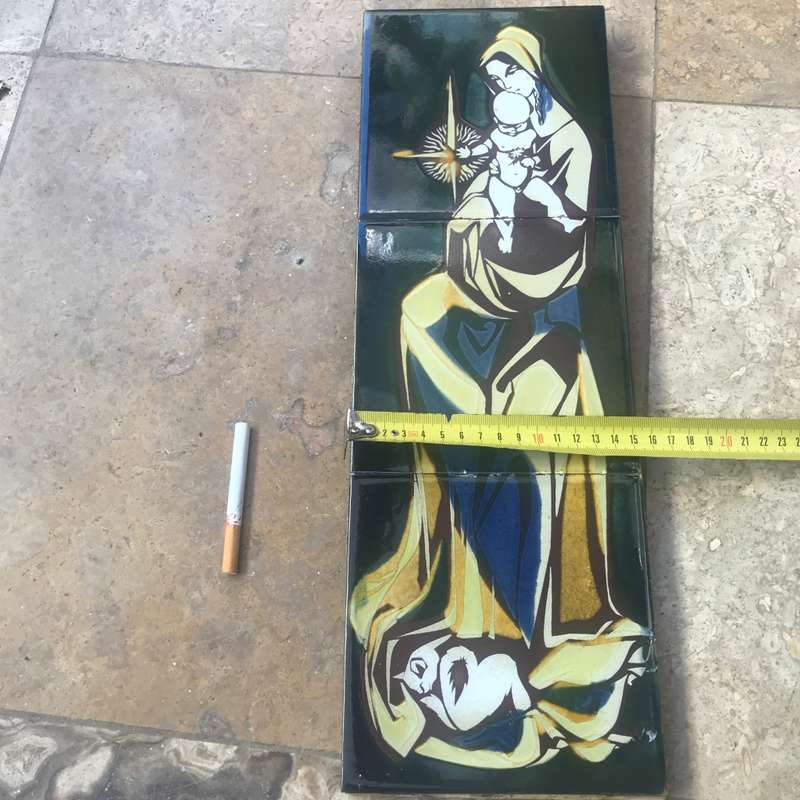 Vintage hand painted tile tiles Virgin mother Mary mural three  tile glazed