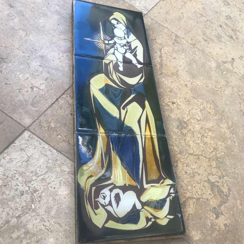 Vintage hand painted tile tiles Virgin mother Mary mural three  tile glazed