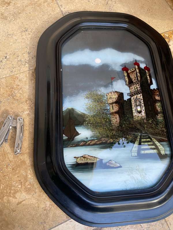 Antique Wall Wood Convex glass Reverse art Painted Castle by the Danube