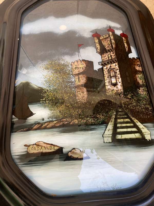Antique Wall Wood Convex glass Reverse art Painted Castle by the Danube