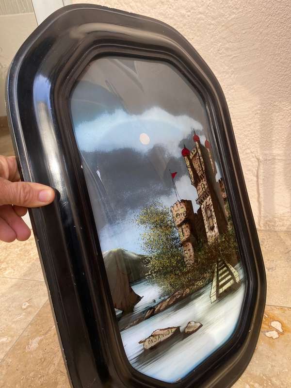 Antique Wall Wood Convex glass Reverse art Painted Castle by the Danube