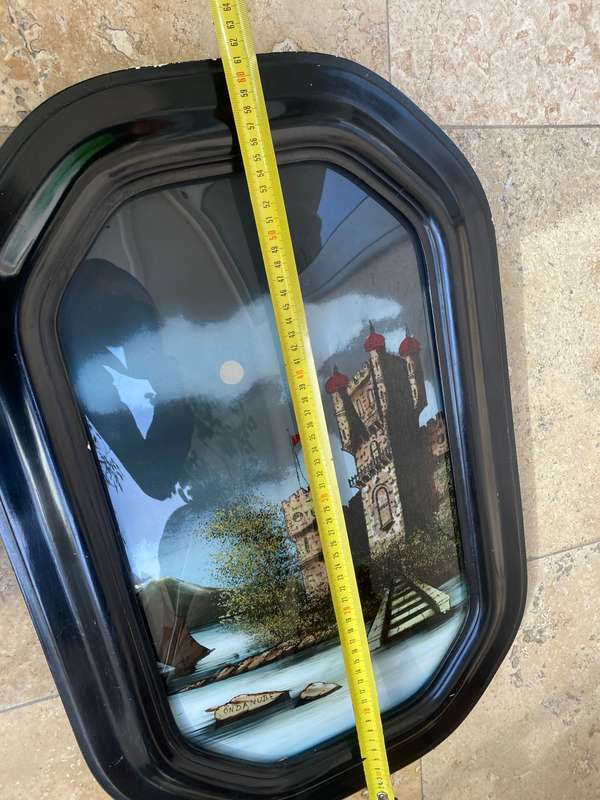 Antique Wall Wood Convex glass Reverse art Painted Castle by the Danube