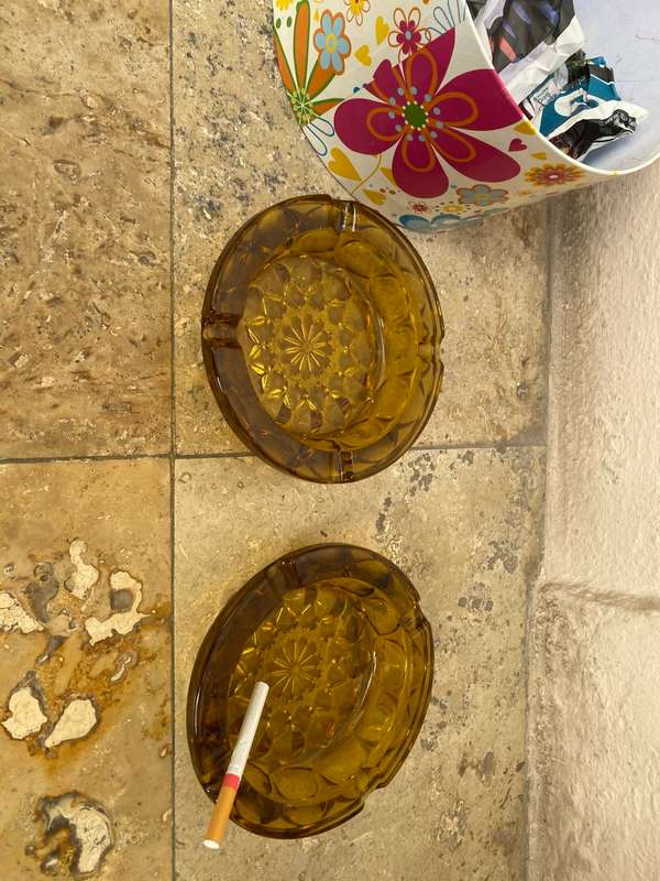 Vintage retro heavy amber glass ashtray pair