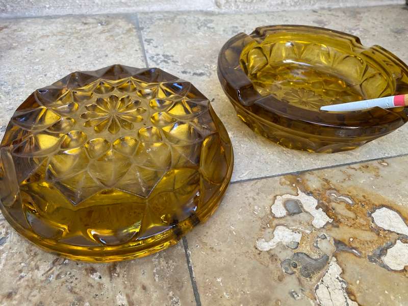 Vintage retro heavy amber glass ashtray pair