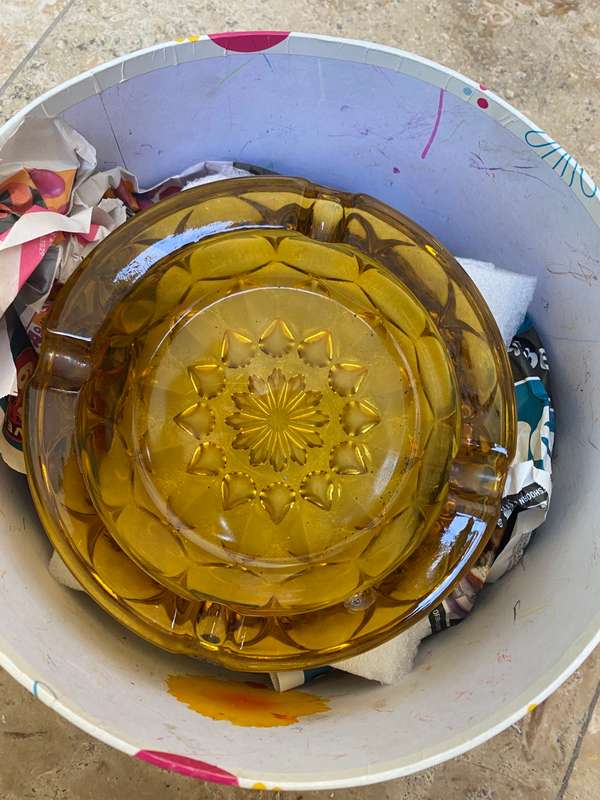 Vintage retro heavy amber glass ashtray pair
