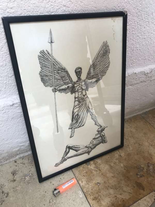 St Michael the Archangel Defeats the devil religious wall hanging Andrew M Gibbons 1982