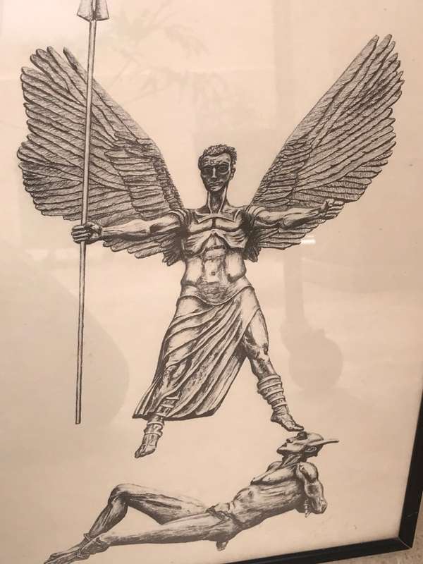 St Michael the Archangel Defeats the devil religious wall hanging Andrew M Gibbons 1982