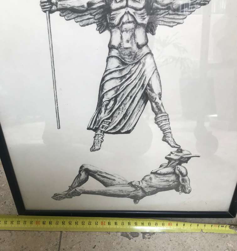 St Michael the Archangel Defeats the devil religious wall hanging Andrew M Gibbons 1982