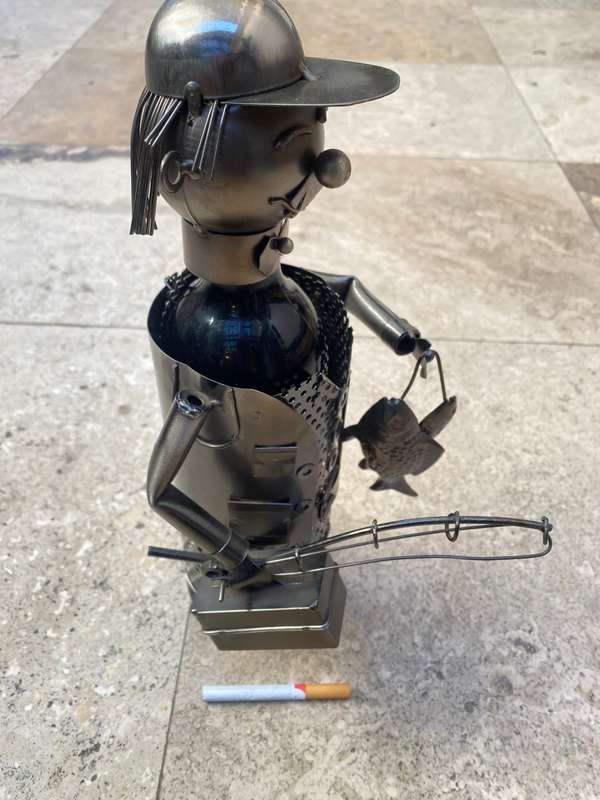 Vintage wine caddy fisherman fishing man metal