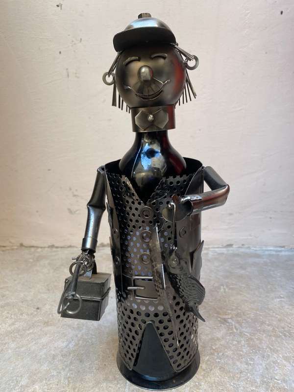 Vintage wine caddy fisherman fishing man metal