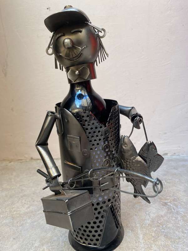 Vintage wine caddy fisherman fishing man metal