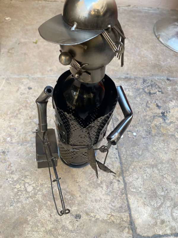 Vintage wine caddy fisherman fishing man metal
