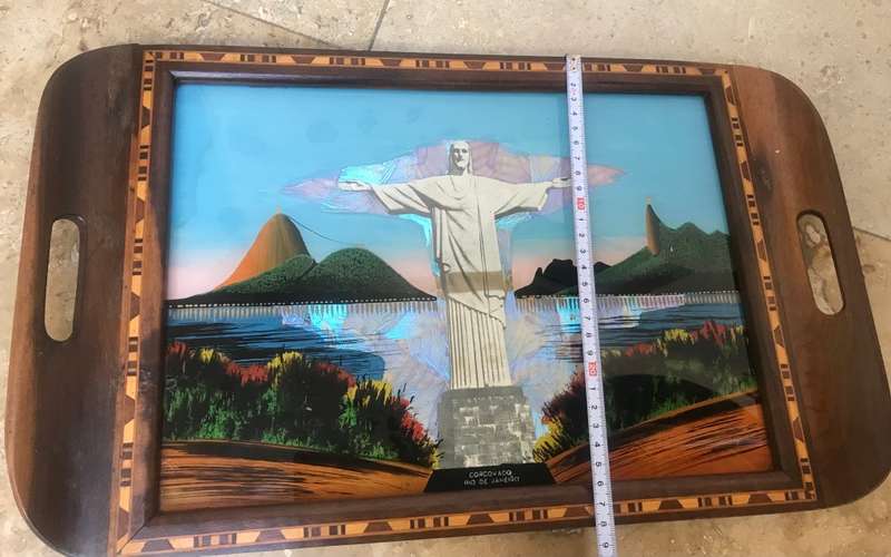 Vintage Christ the redeemer reverse painted butterfly tray wood inlay art Brazil