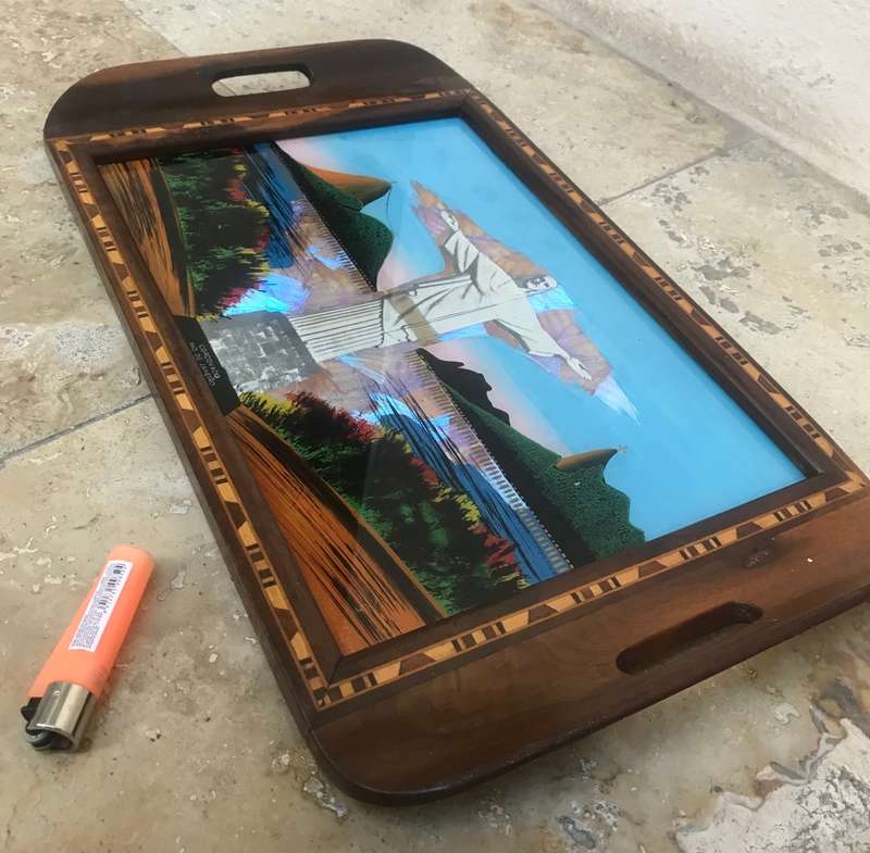 Vintage Christ the redeemer reverse painted butterfly tray wood inlay art Brazil
