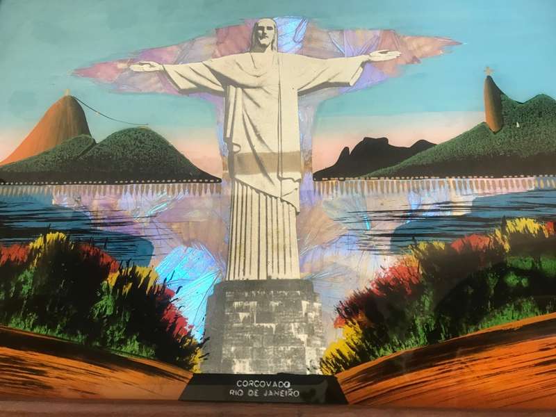 Vintage Christ the redeemer reverse painted butterfly tray wood inlay art Brazil