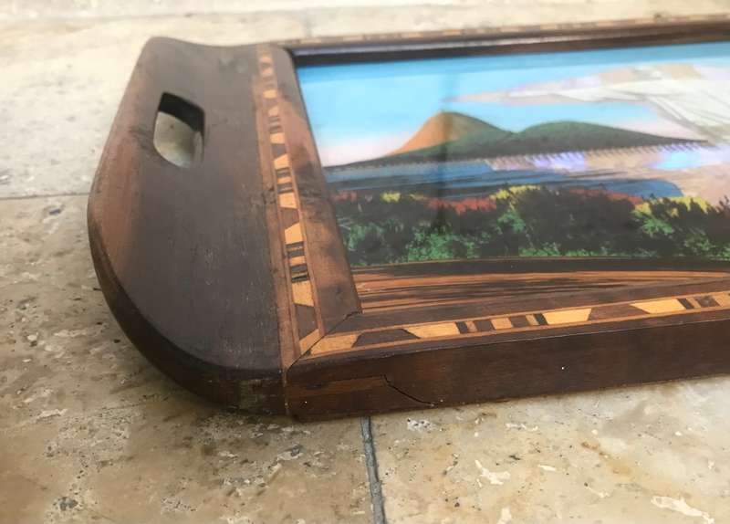 Vintage Christ the redeemer reverse painted butterfly tray wood inlay art Brazil