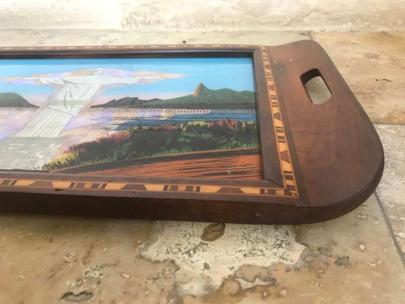 Vintage Christ the redeemer reverse painted butterfly tray wood inlay art Brazil