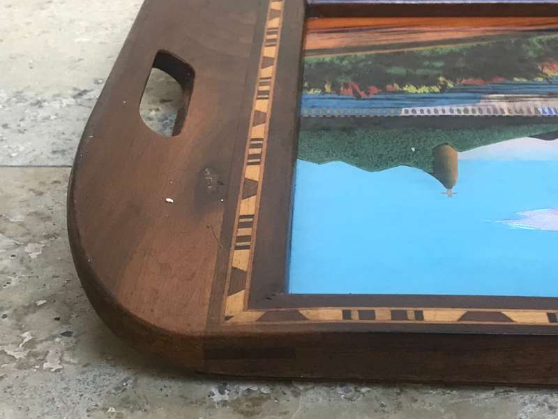 Vintage Christ the redeemer reverse painted butterfly tray wood inlay art Brazil