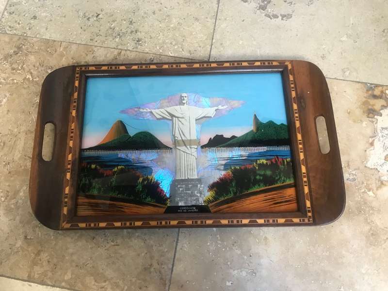 Vintage Christ the redeemer reverse painted butterfly tray wood inlay art Brazil