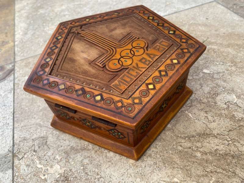 Vintage Moscow Russia olympics 1980 hexagon wood inlay jewellery box