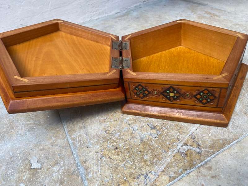 Vintage Moscow Russia olympics 1980 hexagon wood inlay jewellery box