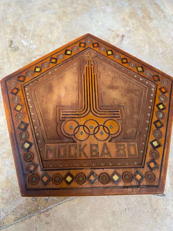 Vintage Moscow Russia olympics 1980 hexagon wood inlay jewellery box
