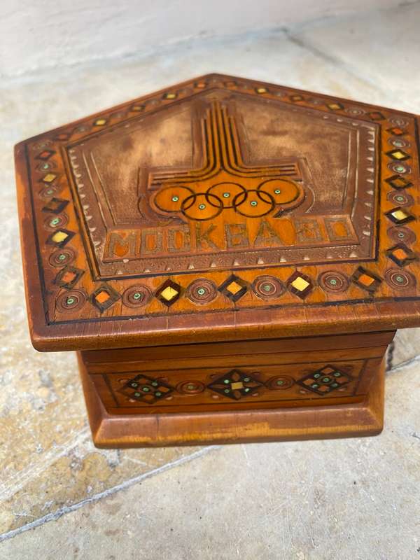 Vintage Moscow Russia olympics 1980 hexagon wood inlay jewellery box