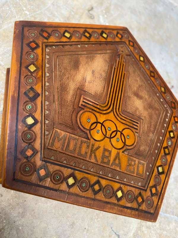 Vintage Moscow Russia olympics 1980 hexagon wood inlay jewellery box