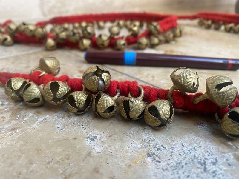 Brass dancing bell pair Indian ghungroo 96 total brass bells on red braided rope
