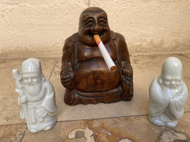 Wood Buddha with pair of porcelain wise men Japan sages