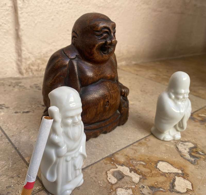 Wood Buddha with pair of porcelain wise men Japan sages