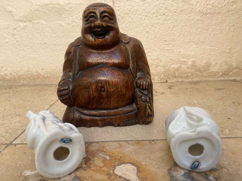 Wood Buddha with pair of porcelain wise men Japan sages