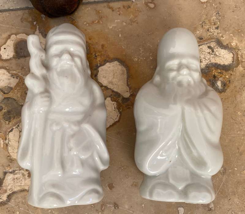 Wood Buddha with pair of porcelain wise men Japan sages