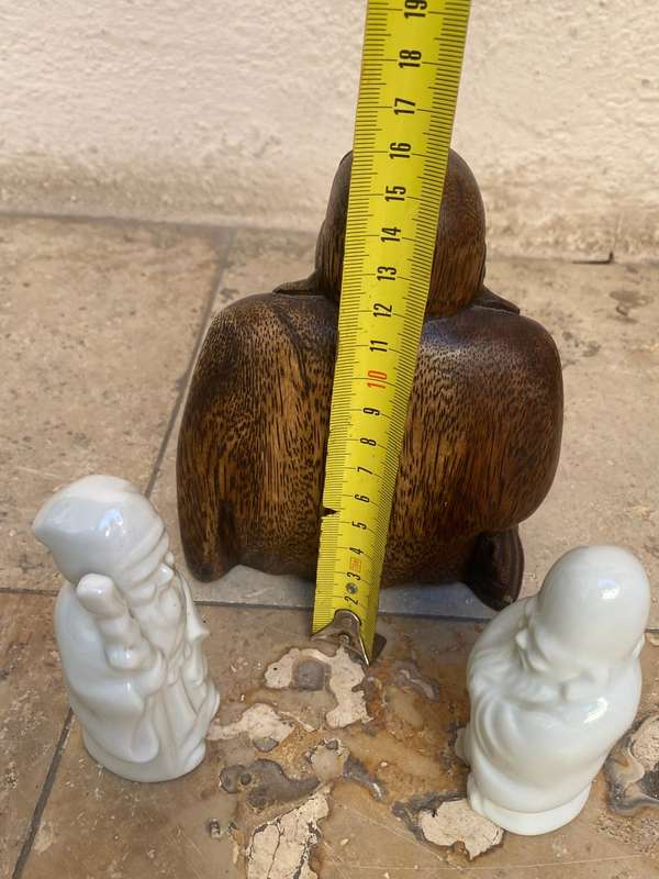 Wood Buddha with pair of porcelain wise men Japan sages