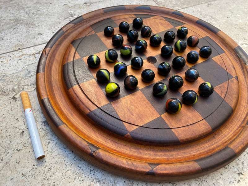 Vintage solitaire marbles  marble game checked thick wood