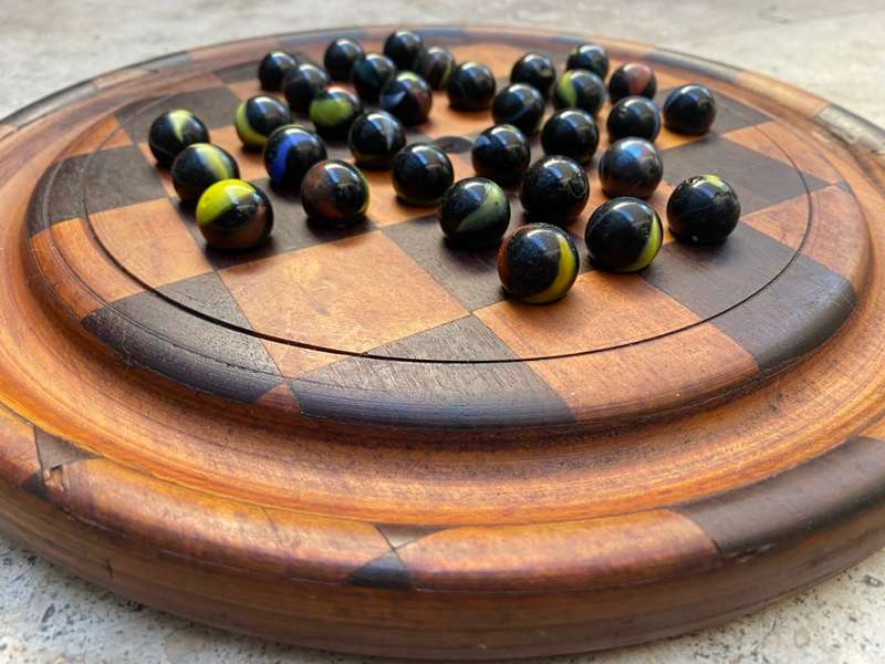 Vintage solitaire marbles  marble game checked thick wood